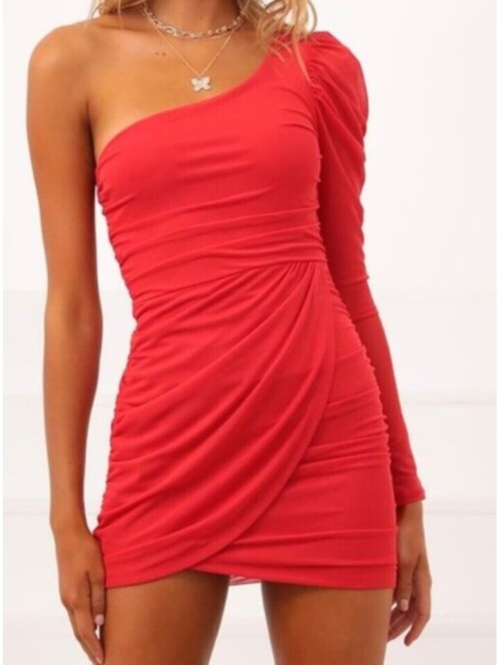 LUCY IN THE SKY red one sleeve mini cocktail dress sz M